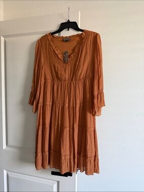 Tiered V-Neck Midi Dress in Rust Orange